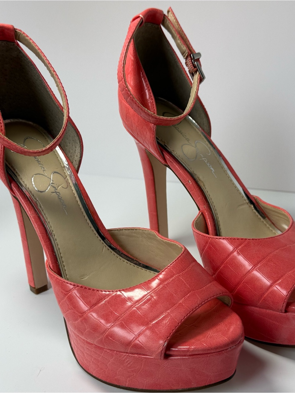 Jessica Simpson Coral-Red Croc Platform Peep-Toe Ankle Strap Heels
